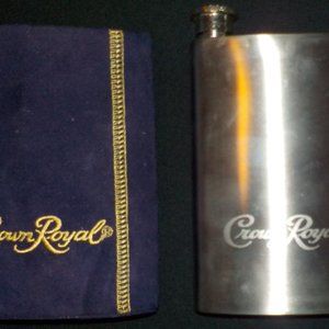 CROWN ROYAL 8 OZ STAINLESS STEEL FLASK WITH FITTED PURPLE FAUX SUEDE COVER